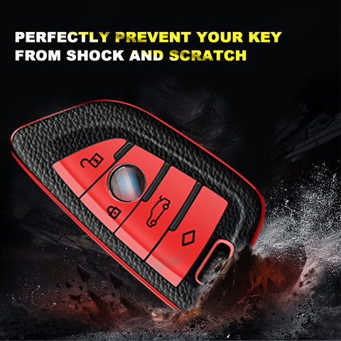 For BMW X1 X3 X5 X6 X7 5 7 Series Red TPU Leather Key Shell Fob Case Cover w/Keychain