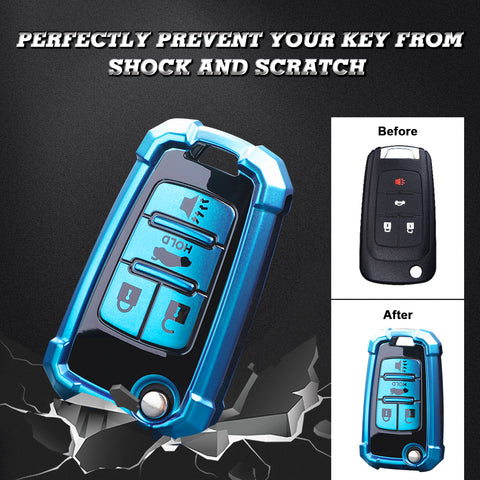 Xotic Tech Blue TPU w/ Printed 4-Button Key Fob Shell Cover Case w/ Blue Keychain, Compatible with Chevrolet Camaro Cruze Malibu, Buick Encore, GMC Terrain Smart Keyless Entry Key