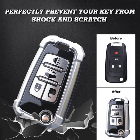 Xotic Tech Silver TPU w/ Printed 4-Button Key Fob Shell Cover Case w/ Red Keychain, Compatible with Chevrolet Camaro Cruze Malibu, Buick Encore, GMC Terrain Smart Keyless Entry Key
