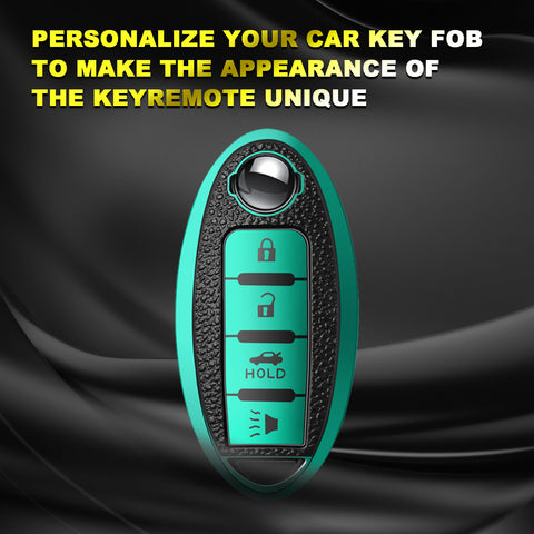 4 Buttons Remote Key Fob Shell TPU & Leather Full Protect Holder w/Keychain Green For Nissan