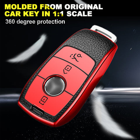 Red TPU Leather 3 Button Remote Key Fob w/Keychain For Mercedes-Benz E S-Class 2017 2018 up