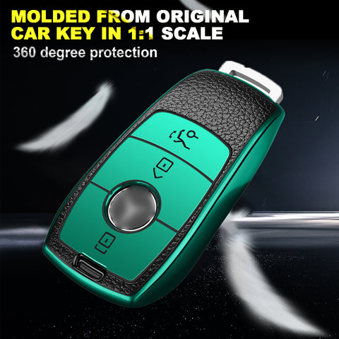 Green TPU Leather 3 Button Remote Key Fob w/Keychain For Mercedes-Benz E S-Class 2017 2018 up