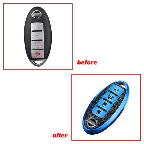 4 Buttons Remote Key Fob Shell TPU & Leather Full Protect Holder Blue For Nissan