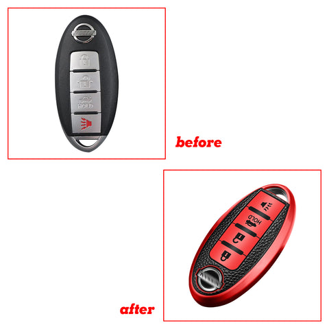 For Nissan Red Soft TPU & Leather 4-Buttons Key Fob Case Full Sealed Protection