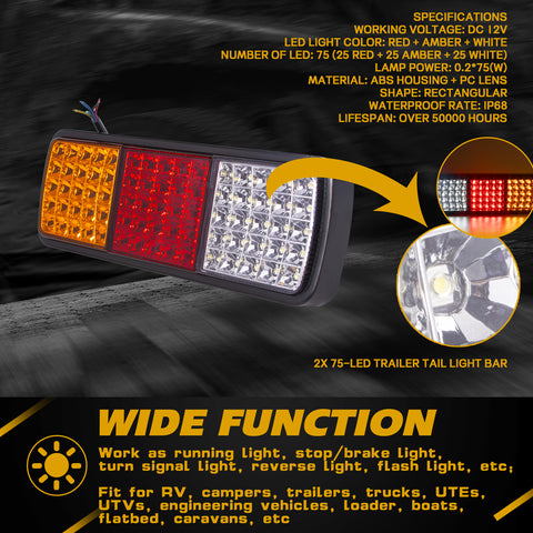 2Pcs 12V Rectangular Rear Tail Light Bar Waterproof Turn Signal Indicatior Stop Brake Reverse Running Taillight Universal For Vehicle Truck Trailer Boat Van RV (75LED, Red/White/Amber )