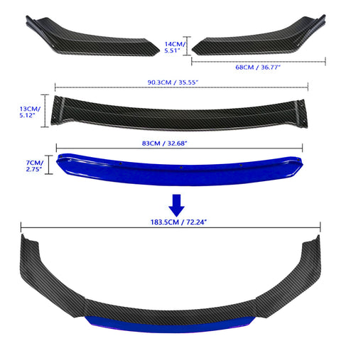 Front Bumper Lip Chin Spoiler Splitter Diffuser Protector Body Kit Compatible with Honda Accord Civic or Volkswagen MK5 MK6 MK7 or Kia Optima or Mitsubishi Lancer, Carbon Black w/Blue 4pcs