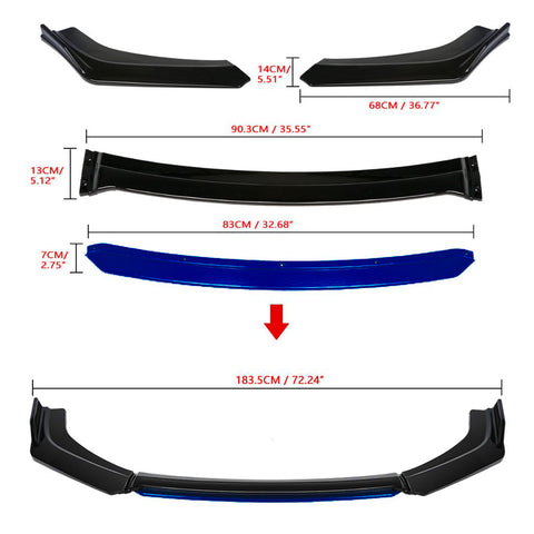 Front Bumper Lip Chin Spoiler Splitter Diffuser Protector Body Kit Compatible with Honda Accord Civic or Volkswagen MK5 MK6 MK7 or Kia Optima or Mitsubishi Lancer, Matte Black w/Blue 4pcs