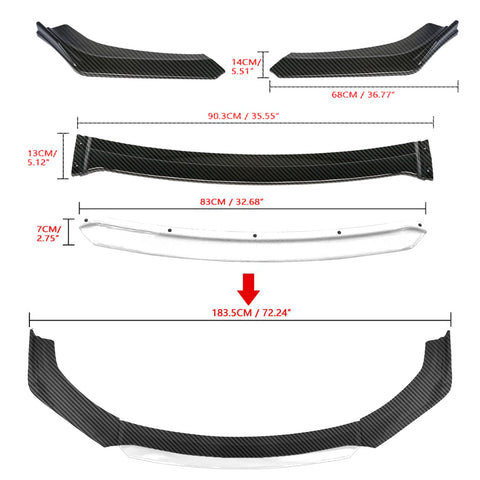 Front Bumper Lip Chin Spoiler Splitter Diffuser Protector Body Kit Compatible with Honda Accord Civic or Volkswagen MK5 MK6 MK7 or Kia Optima or Mitsubishi Lancer, Carbon Black w/White 4pcs