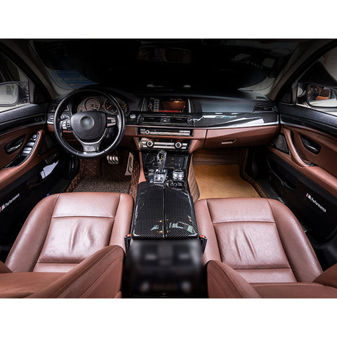 Interior Central Armrest Box Panel Cover Trim, Carbon Fiber Pattern, Compatible with BMW 5 Series F10 F11 2011-2016 (2pcs)