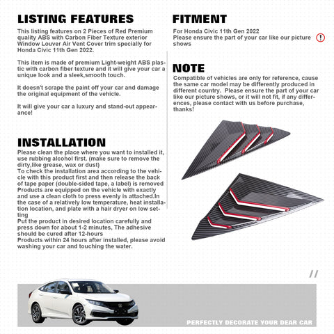 2x Carbon Fiber Pattern Window Louver Air Vent Cover Trim For Honda Civic 11th