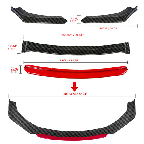 Front Bumper Lip Chin Spoiler Splitter Diffuser Protector Body Kit Compatible with Honda Accord Civic or Volkswagen MK5 MK6 MK7 or Kia Optima or Mitsubishi Lancer, Carbon Black w/Red 4pcs