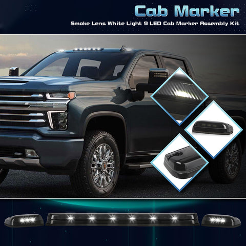 Smoked Lens Cab Roof Marker Top Clearance LED Lights OE fit, Compatible with GMC Sierra 2500 3500 HD or Chevrolet Silverado, White 9-SMD 3pcs