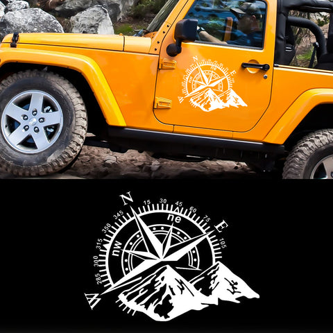Car Home Decor - Compass Rose with Mountains Vinyl Decal Sticker for Car Trunk Door Window Hood, Shop Window, White