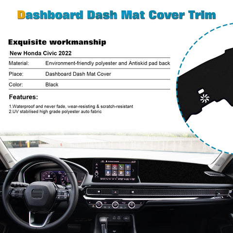 Center Console Dashboard Mat Pre-cut Non-Slip Sunshield Sun Glare Protector Dash Carpet Pad Black Cover Compatible with Honda Civic 2022