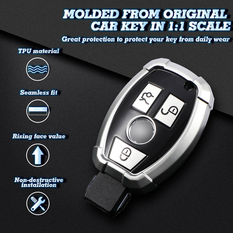 Full Covered Armor Silver TPU Remote Fob Key Cover Shell For Mercedes B C E G SLK