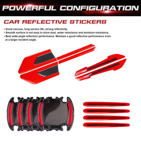 Car Side Door Marker Rearview Mirror Edge & Door Handle Protector Guard Cover Warning Sticker Set, Carbon Fiber Pattern w/ Reflective Safety Strip (Red)
