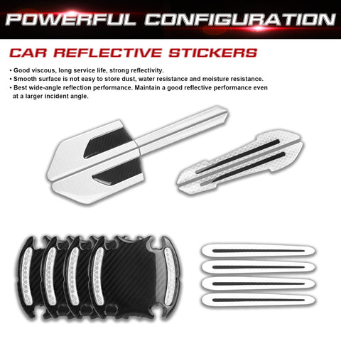 Car Side Door Marker Rearview Mirror Edge & Door Handle Protector Guard Cover Warning Sticker Set, Carbon Fiber Pattern w/ Reflective Safety Strip (White)