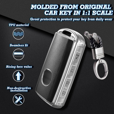 Black TPU Sand Leather Full Protect Remote Key Fob Cover w/Keychain For Mazda CX-9 2020-23