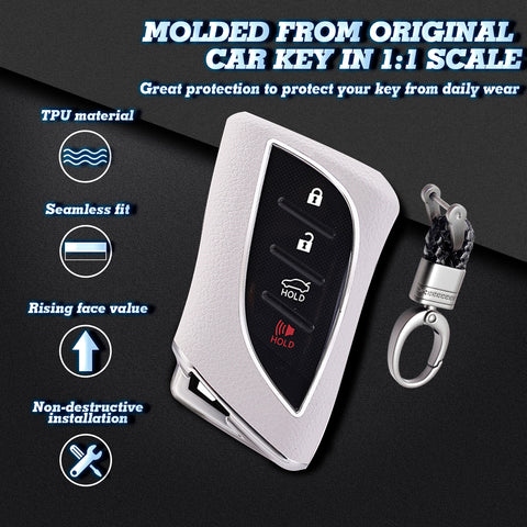 White TPU w/Leather Style Full Protect Remote Key Fob Cover w/Keychain For Lexus ES 350 18+