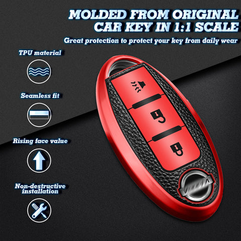 3 Button Red TPU Key Fob Cover Case Holder Protect w/ Keychain For Nissan Rogue Pathfinder