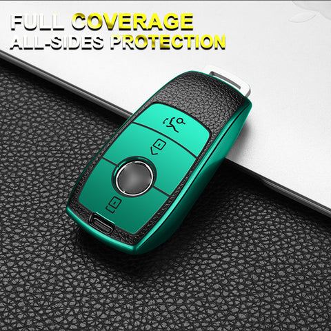 Soft TPU Leather Full Protection Smart Remote Key Fob Cover Case Holder Compatible with Mercedes E S Class 3 Button,Green