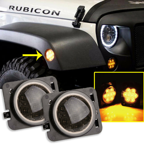 2pcs Round / Square Style LED Turn Signal Front Grill Side Marker Light Smoked Lens for Jeep Wrangler JK 2007-2017