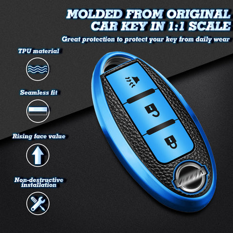 3 Button Blue TPU Key Fob Cover Case Holder Protect w/Keychain For Nissan Rogue Pathfinder