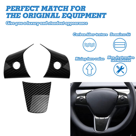 3PCS Carbon Fiber Style Steering Wheel Trim For Tesla Model 3 2017-2023 & Model Y 2020-up