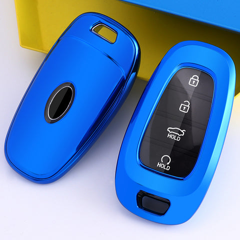 Blue TPU Full Covered w/Button Key Fob Holder Case For Hyundai Sonata 2020-2024