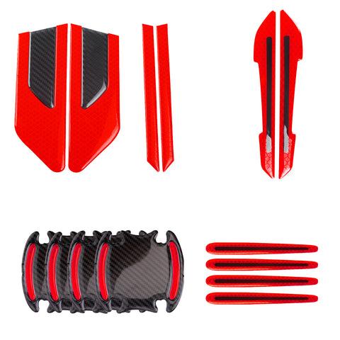 Car Side Door Marker Rearview Mirror Edge & Door Handle Protector Guard Cover Warning Sticker Set, Carbon Fiber Pattern w/ Reflective Safety Strip (Red)