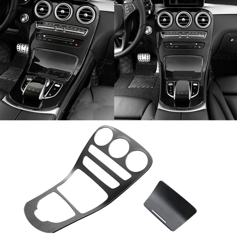 for Mercedes Benz C Class Carbon Fiber Pattern Center Console Gear Shift Panel Cover Trim, Central Control Panel Frame Decorative Sticker Fit for Mercedes Benz C Class W205 / GLC Class W253 2015-2018 (Long Wheelbase, Without Clock / With Clock)