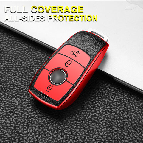 Smart Key Fob Cover Case Holder Soft TPU Leather Full Protection Remote Key Cover Compatible with Mercedes E S Class 3 Button, Red