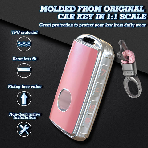 Pink TPU Sand Leather Full Protect Remote Key Fob Cover w/Keychain For Mazda CX-9 2020-23
