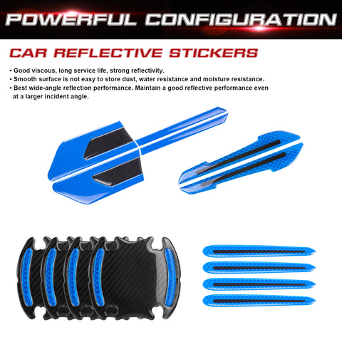 Car Side Door Marker Rearview Mirror Edge & Door Handle Protector Guard Cover Warning Sticker Set, Carbon Fiber Pattern w/ Reflective Safety Strip (Blue)