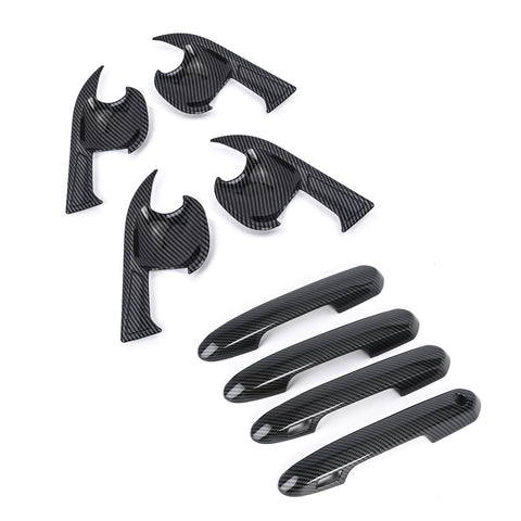 Exterior Door Handle w/ Handle Bowl Cover Trim, Carbon Fiber Pattern, Compatible with Toyota Rav4 2019-2024 (with Smart Keyhole)