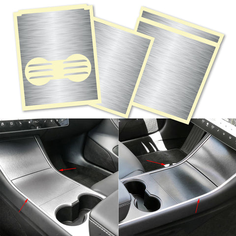 3pcs for Tesla Model 3 Center Console Wrap Sticker, Armrest Cup Holder Box Panel Trim, Protective Film Anti-Scratch Decal, Black Color Carbon Fiber Pattern / Matte Black / Matte White / Brushed Silver