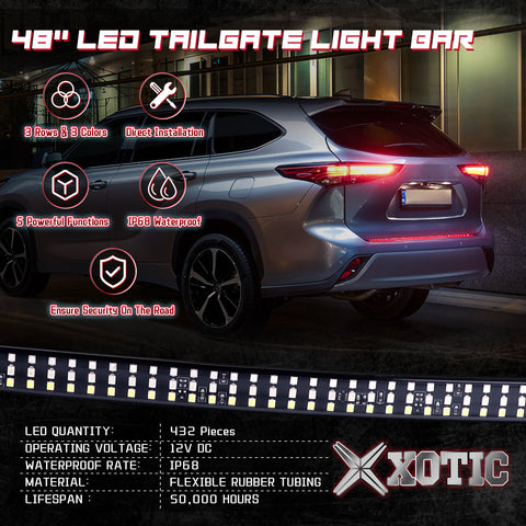 48" 5-Functions Triple Rows LED Tailgate Strip Light Bar - Sequential Turn Signal/Brake Light Strip/Running/Reverse/Double Flash Compatible With Trucks SUV Trailer Pickup etc, No Drill Install