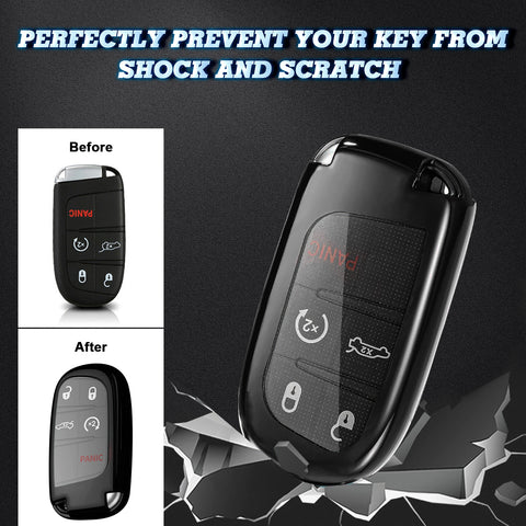 Glossy Black TPU Smart Key Remote Keyless FOB Shell Case W/ Keychain For Jeep Dodge Chrysler