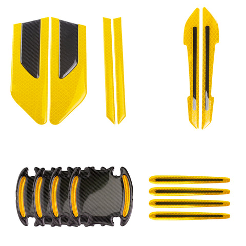 Car Side Door Marker Rearview Mirror Edge & Door Handle Protector Guard Cover Warning Sticker Set, Carbon Fiber Pattern w/ Reflective Safety Strip (Yellow)