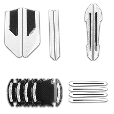 Car Side Door Marker Rearview Mirror Edge & Door Handle Protector Guard Cover Warning Sticker Set, Carbon Fiber Pattern w/ Reflective Safety Strip (White)