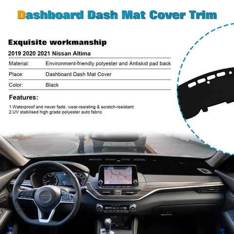 Center Console Dashboard Mat Pre-cut Non-Slip Sunshield Sun Glare Protector Dash Carpet Pad Black Cover Compatible with Nissan Altima 2019-2021