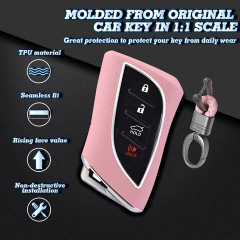 Pink TPU w/Leather Style Full Protect Remote Key Fob Cover w/Keychain For Lexus ES 350 18+