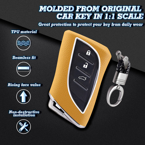 Yellow TPU w/Leather Style Full Protect Remote Key Fob Cover w/Keychain For Lexus ES 350 18+