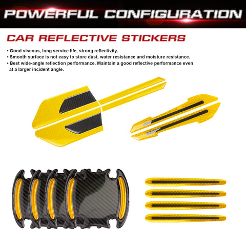 Car Side Door Marker Rearview Mirror Edge & Door Handle Protector Guard Cover Warning Sticker Set, Carbon Fiber Pattern w/ Reflective Safety Strip (Yellow)