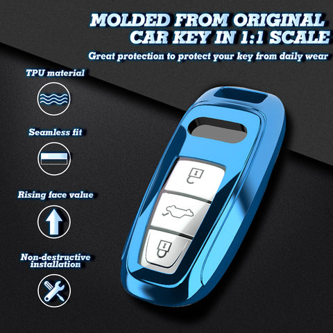 Xotic Tech Blue TPU Key Fob Shell Full Cover Case w/ Blue Keychain, Compatible with Audi A6 C6 C5 A3 A4 B6 B7 B9 B8 A5 A2 Q5L Q3 A1 S3 A4L Q7 A5 A7 A8 Q5 R8 TT S5 S6 S7 S8 Smart Keyless Entry Key
