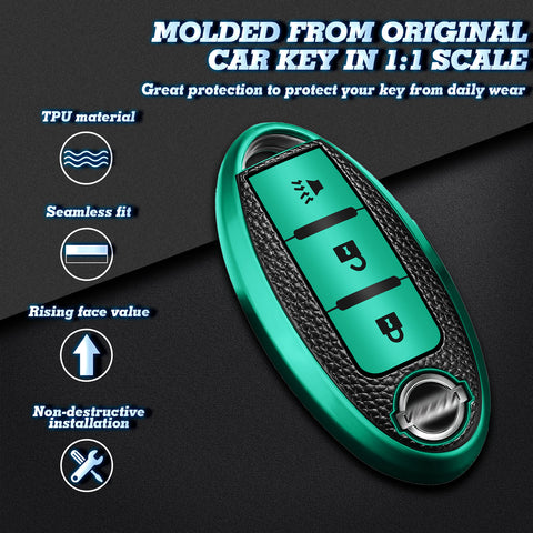 Green Remote Key Cover Case Protect Holder TPU Leather 3 Button For Nissan Rogue