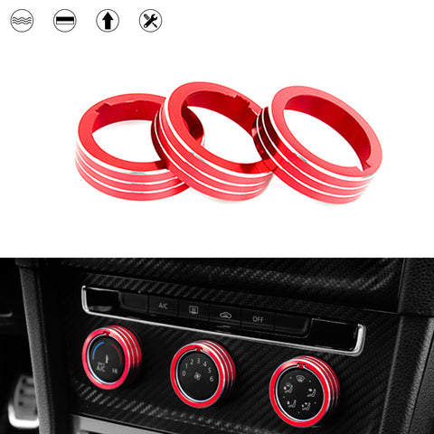 3pcs Aluminum AC Climate Control Ring Air Condition Knob Cover Trim for Volkswagen MK7 Golf GTI, Red
