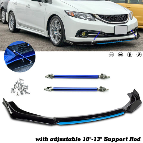 Xotic Tech Front Bumper Lip Chin Spoiler Splitter Diffuser Protector Guard Body Kit Compatible with Honda Accord Civic, Volkswagen MK5 MK6 MK7,Kia Optima,Mitsubishi Lancer, Black w/Blue 4pcs