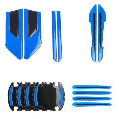 Car Side Door Marker Rearview Mirror Edge & Door Handle Protector Guard Cover Warning Sticker Set, Carbon Fiber Pattern w/ Reflective Safety Strip (Blue)