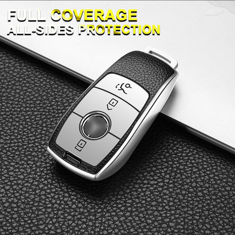Soft TPU Leather Full Protection Smart Remote Key Fob Cover Case Holder Compatible with Mercedes E S Class 3 Button,Silver